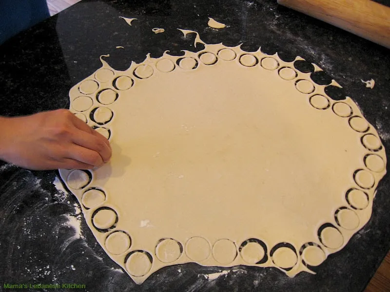 Use a bottle lid to cut small disks Lebanese Shish Barak Recipe