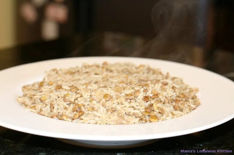 Pour Cooked Mudardara in Serving Plate then Garnish With Onions Lebanese Lentils and rice recipe
